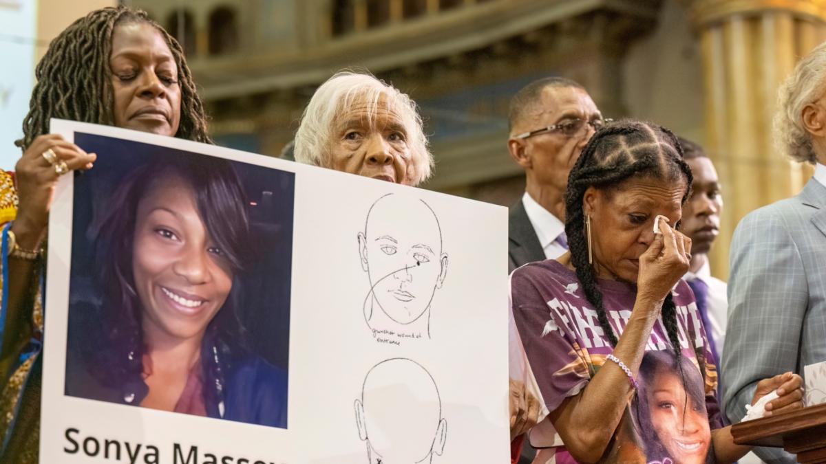 Donna Massey, center right, wipes tears from her face as she listens to Rev. Al Sharpton, right, speak during a press conference over the shooting death of her daughter Sonya, who was killed by Illinois sheriff’s deputy Sean Grayson, at New Mount Pilgrim Church in the Garfield Park neighborhood in Chicago, Tuesday, July 30, 2024. (Tyler Pasciak LaRiviere / Chicago Sun-Times via AP, file)