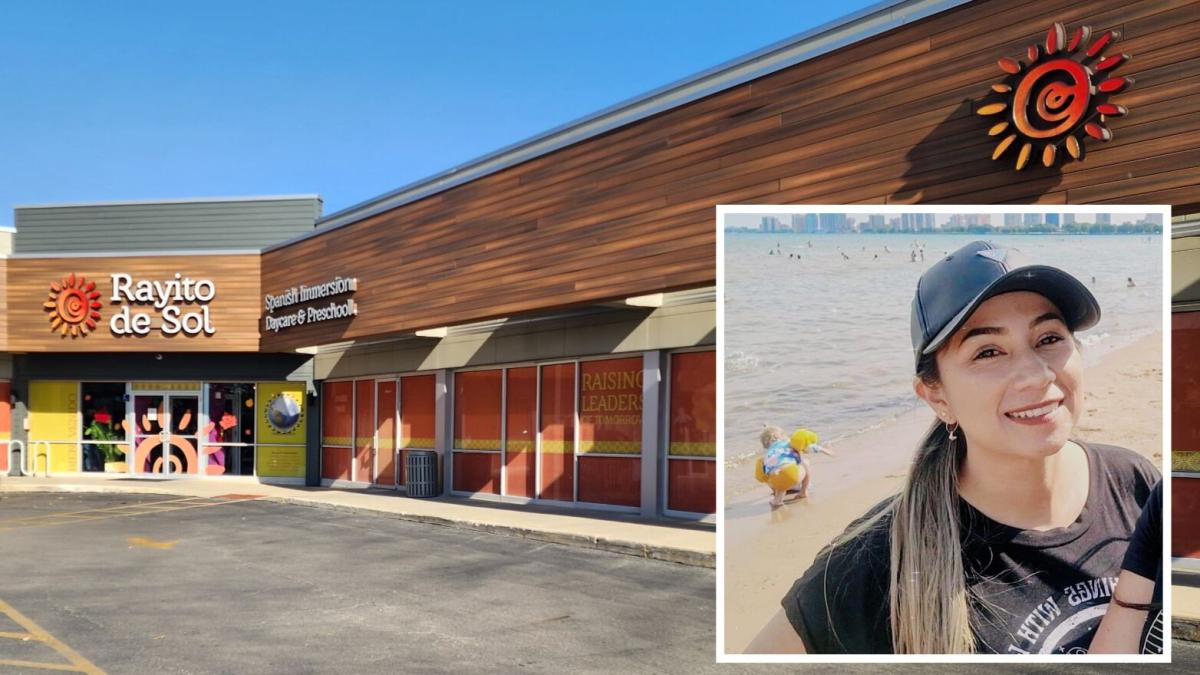 Background: Rayito de Sol Spanish Immersion Early Learning Center, 2550 W. Addison St., is pictured in a file photo on Nov. 5, 2025. (WTTW News) Foreground: Photo of Diana Patricia Santillana Galeano, a Rayito de Sol teacher who was detained by federal immigration agents on Nov. 5, 2025. (Courtesy of Hughes Socol Piers Resnick & Dym, Ltd.)
