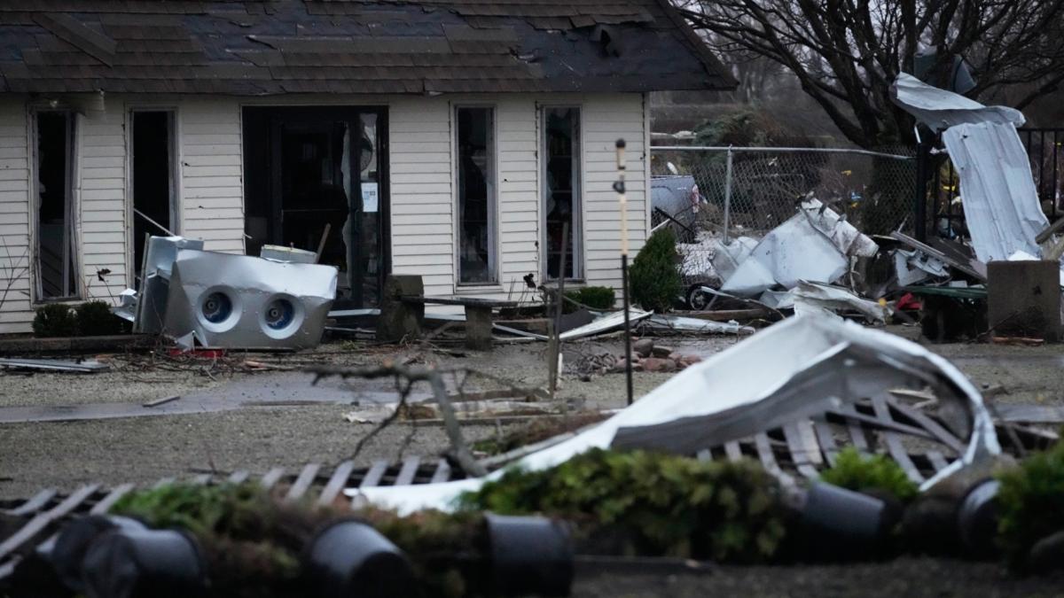 A storm-damaged Tholens' Landscape & Garden center is seen in the aftermath of a powerful storm that ripped through the area a day earlier in Kankakee, Ill., Wednesday, March 11, 2026. (AP Photo / Nam Y. Huh)