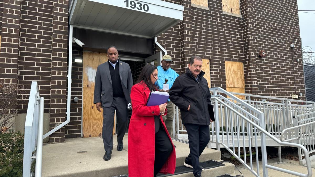 Four Illinois members of Congress left to right; Rep. Jonathan Jackson, D-Ill., Rep. Delia Ramirez, D-Ill., Rep. Danny Davis, D-Ill., and Jesus Garcia, D-Ill., leave after a visit to the U.S. Immigration and Customs Enforcement processing center in Broadview, Ill. (AP Photo / Sophia Tareen)