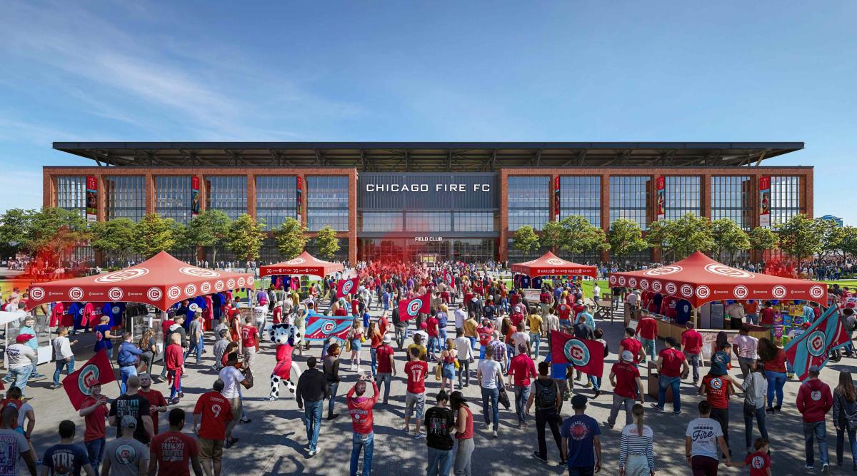 A rendering of the proposed Chicago Fire stadium, which is being planned as an anchor of The 78, Related Midwest’s 62-acre development of a former rail yard on the South Branch of the Chicago River. (Courtesy Chicago Fire FC and Gensler)
