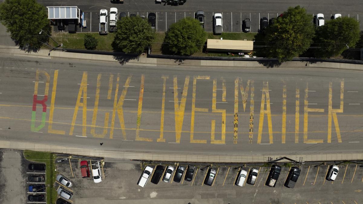 A Black Lives Matter mural painted by Thaxton Waters II is seen in an aerial view on Thursday, May 22, 2025, in Nashville, Tenn. (AP Photo/Kevin Wurm)