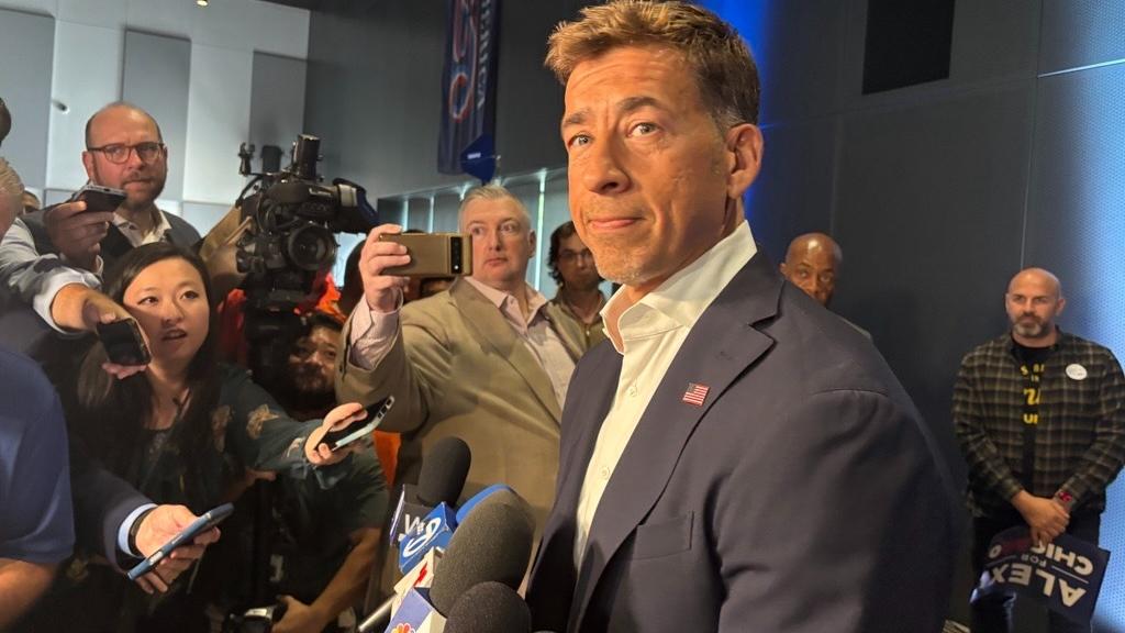 Illinois Secretary of State Alexi Giannoulias answers questions from reporters after he announced his bid for Chicago mayor on Aug. 2, 2026. (Heather Cherone / WTTW News)