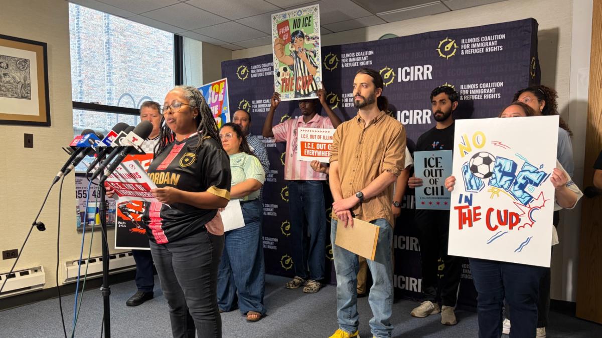 Fasika Alem, programs director at United African Organization, speaks during a news conference on June 9, 2026. (Eunice Alpasan / WTTW News)