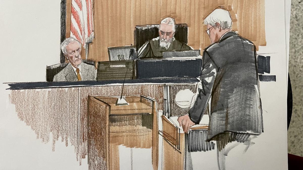 Michael Madigan takes the witness stand to testify in his own defense at his landmark corruption trial on Jan. 7, 2024. (Illustration by Cheryl Cook)