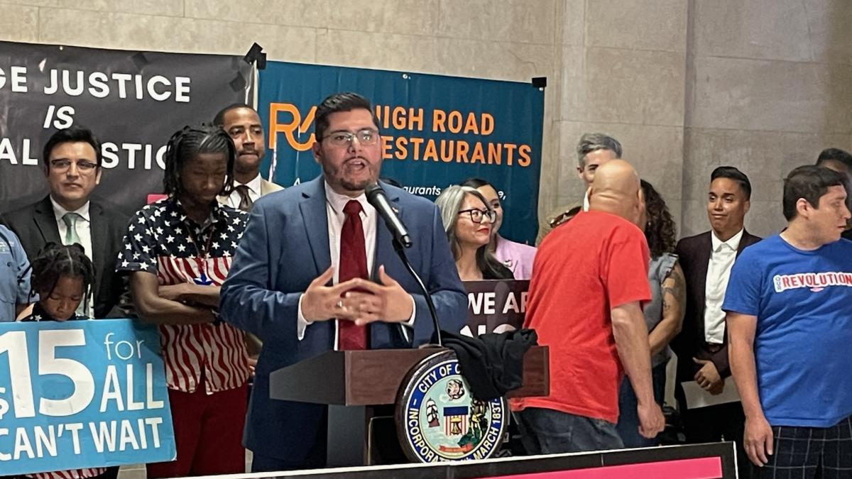 Ald. Carlos Ramirez-Rosa (35th Ward) speaks at a City Hall news conference in June 2023. (Heather Cherone / WTTW News)