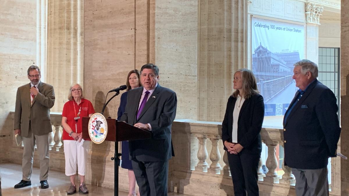Gov. JB Pritzker speaks during a news conference on July 22, 2025, celebrating Union Station’s 100th anniversary. (Eunice Alpasan / WTTW News)