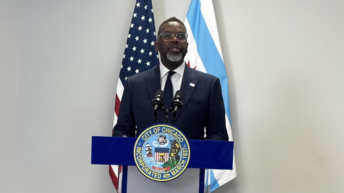 Mayor Brandon Johnson addresses the news media on Feb. 10, 2026. (Heather Cherone/WTTW News)