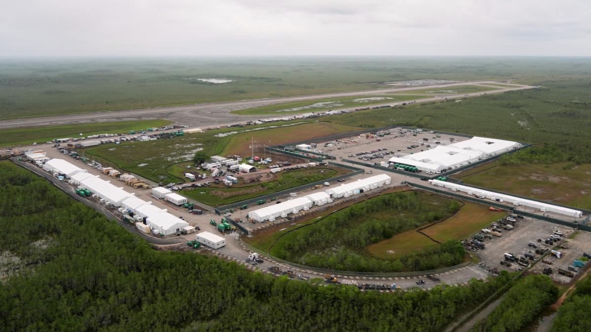 Work progresses on a new migrant detention facility dubbed "Alligator Alcatraz," at Dade-Collier Training and Transition facility in the Florida Everglades, Friday, July 4, 2025, in Ochopee, Fla. (AP Photo / Rebecca Blackwell)
