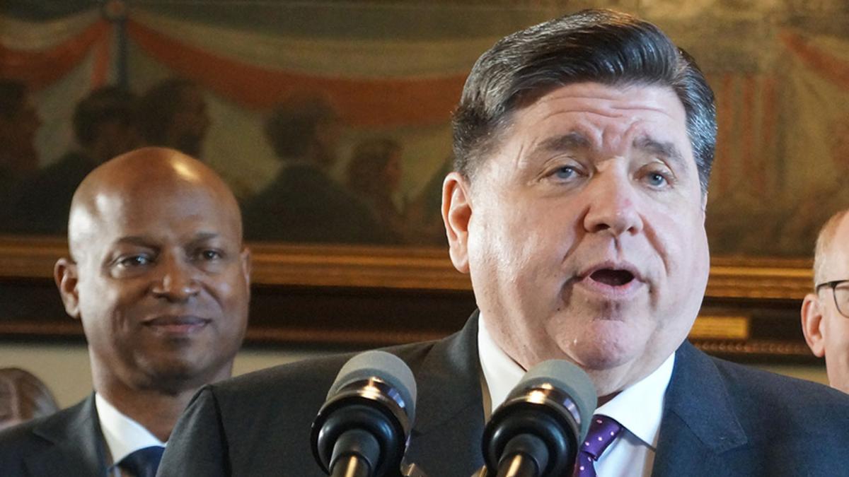 Gov. J.B. Pritzker speaks at a news conference at the Statehouse in Springfield on April 8, 2025. (Peter Hancock / Capitol News Illinois)