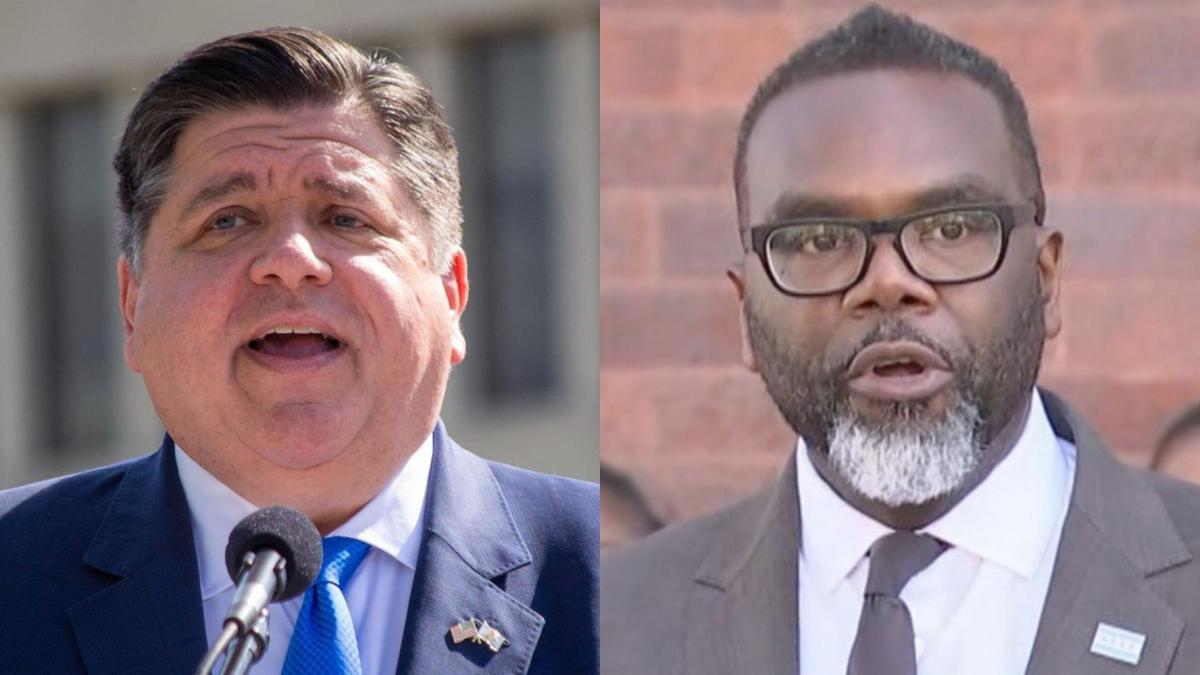 Left: Gov. J.B. Pritzker is pictured in a July 2023 file photo. (Jerry Nowicki / Capitol News Illinois) Right: Mayor Brandon Johnson speaks outside Roseland Mental Health Center on May 30, 2024. (WTTW News)