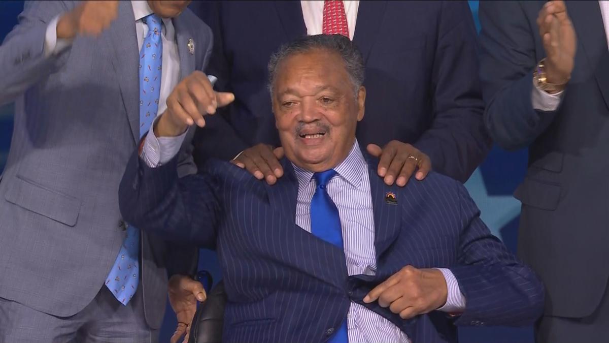 The Rev. Jesse Jackson Sr. is honored at the Democratic National Convention at the United Center on Aug. 19, 2024. (WTTW News) The Rev. Jesse Jackson Sr. is honored at the Democratic National Convention at the United Center on Aug. 19, 2024. (WTTW News)