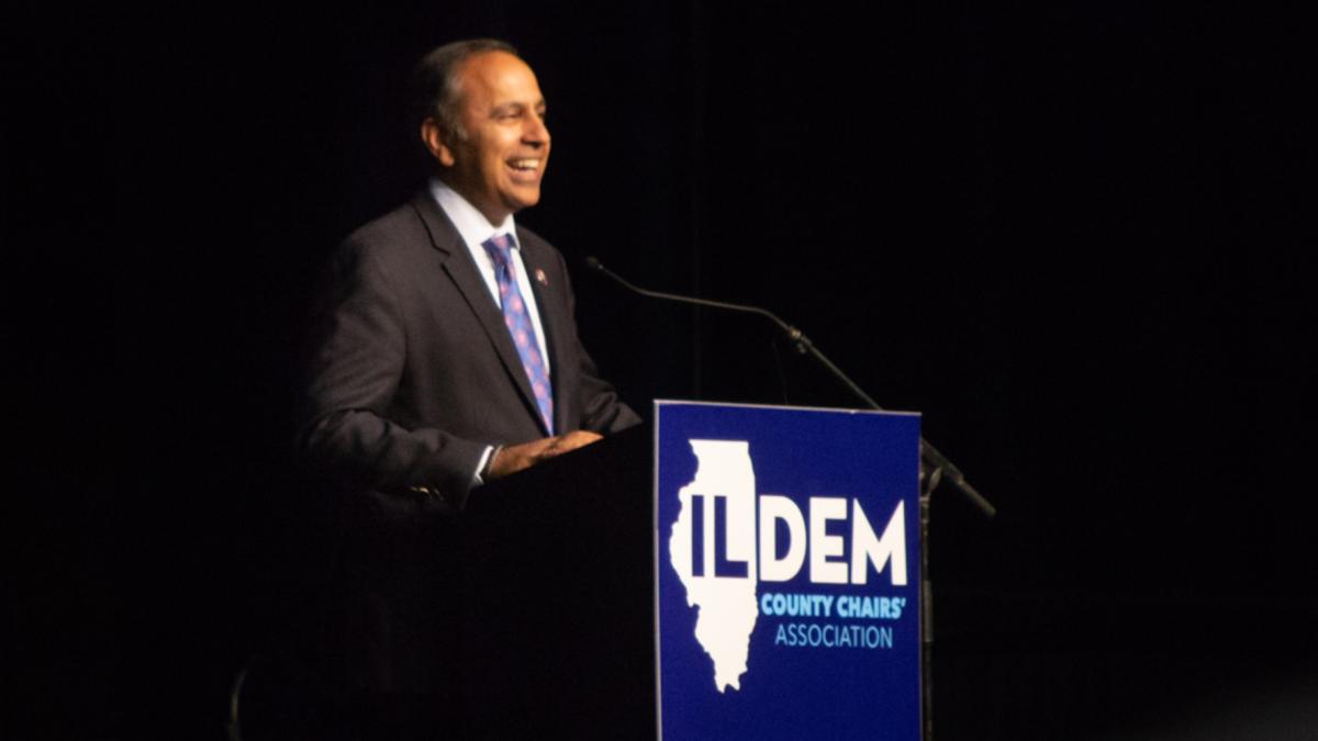 U.S. Rep. Raja Krishnamoorthi, a Schaumburg Democrat, speaks at the 2022 Illinois Democratic County Chairs Association annual brunch in Springfield. (Jerry Nowicki / Capitol News Illinois)