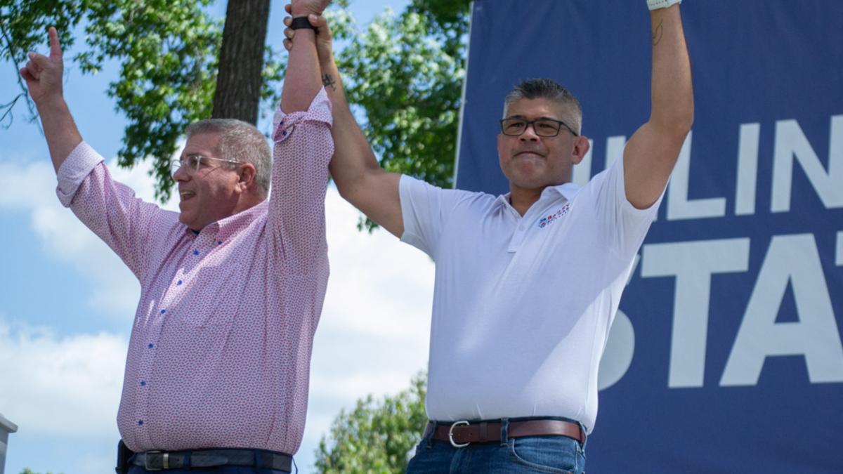 Darren Bailey and Aaron Del Mar, the Republican ticket for governor in 2026, greet fairgoers on Aug. 20, 2026, during Republican Day at the Illinois State Fair. (Jerry Nowicki / Capitol News Illinois)