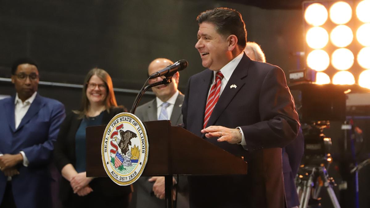 Gov. JB Pritzker announced in March an expansion of the state’s film tax credit at a news conference at the Cinespace Studio on Chicago’s West Side. (Casey Toner / Illinois Answers Project)