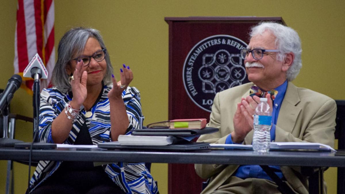 U.S. Rep. Robin Kelly is pictured in her final state central committee meeting as Democratic Party of Illinois chair in 2022. She’s pictured alongside then-party treasurer Michael Dorf. (Jerry Nowicki / Capitol News Illinois)