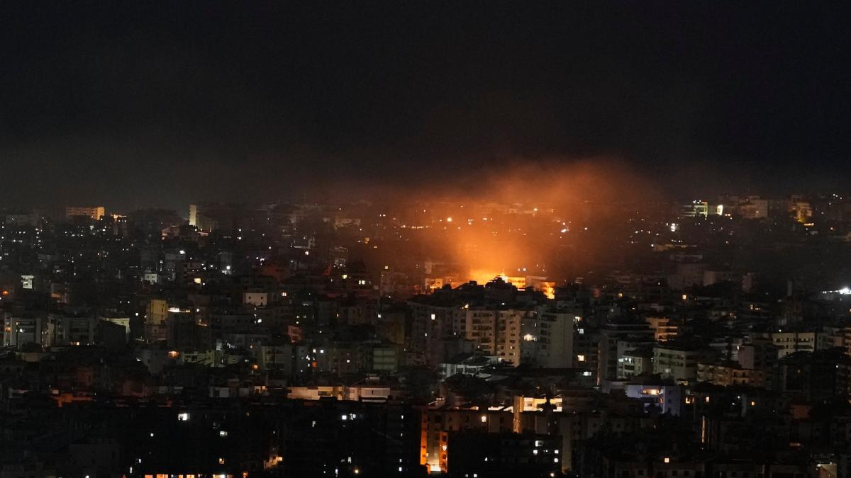 Flames rise following an Israeli airstrike in Dahiyeh, Beirut's southern suburbs, Lebanon, Friday, March 6, 2026. (AP Photo/Hassan Ammar)
