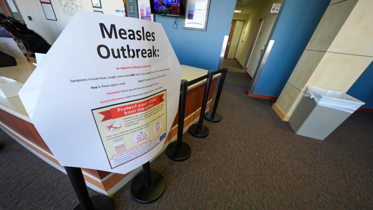 A measles sign is seen at the Texas Tech University Health Sciences Center, Feb. 25, 2025, in Lubbock, Texas. (AP Photo / Julio Cortez, file)