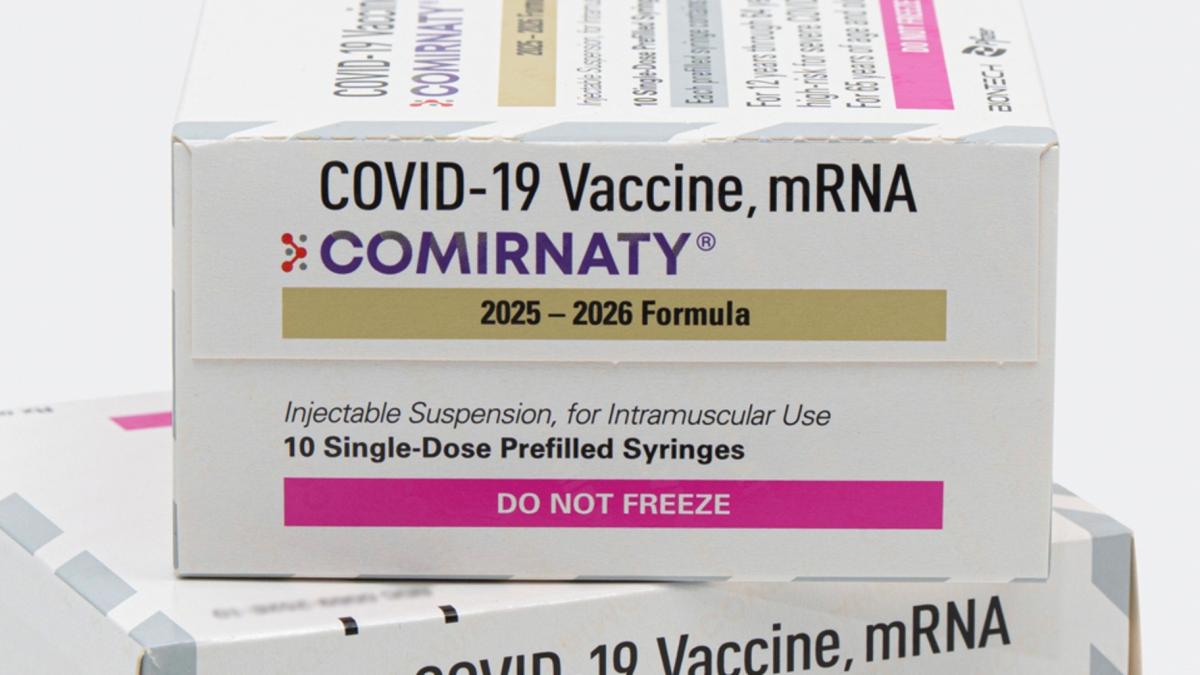 This photo provided by Pfizer in August 2025 shows boxes for the updated COVID-19 vaccine Comirnaty. (Pfizer via AP)