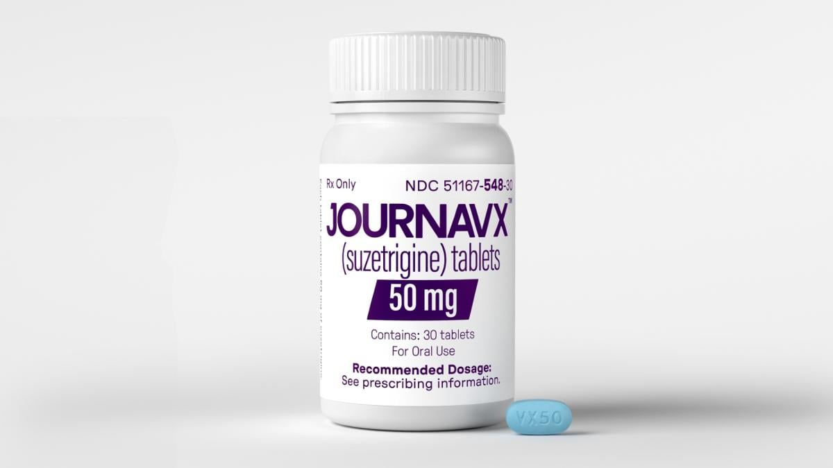 This photo provided by Vertex Pharmaceuticals in January 2025 shows a tablet and bottle of the JOURNAVX (suzetrigine) medication. (Vertex Pharmaceuticals via AP)