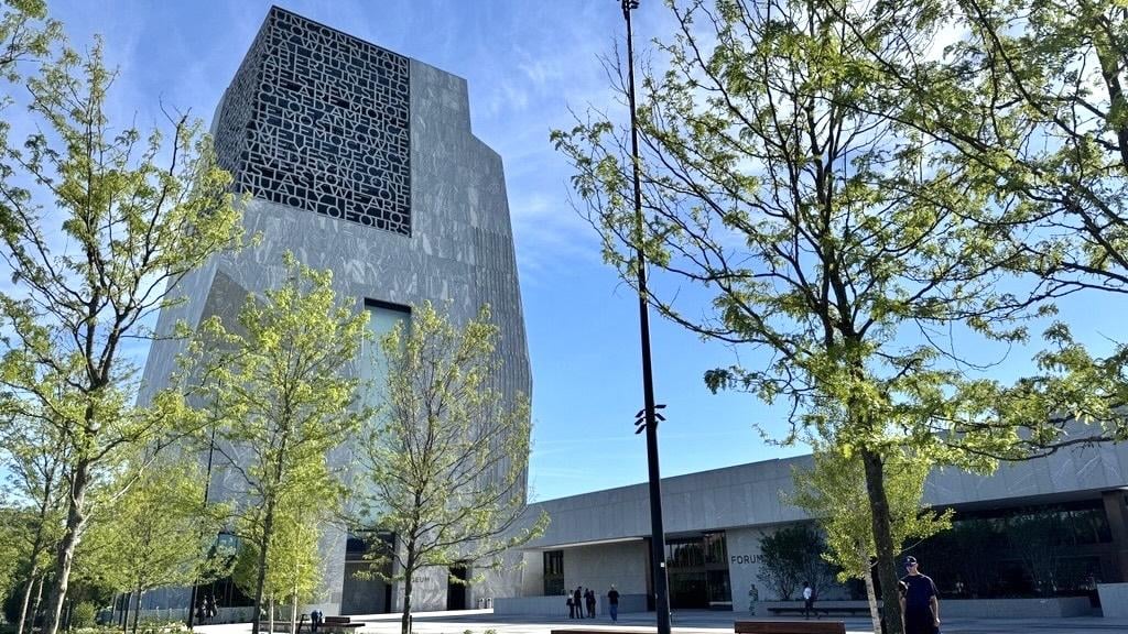The Obama Presidential Center’s museum tower and plaza, June 3, 2026. (Nicole Cardos / WTTW News)