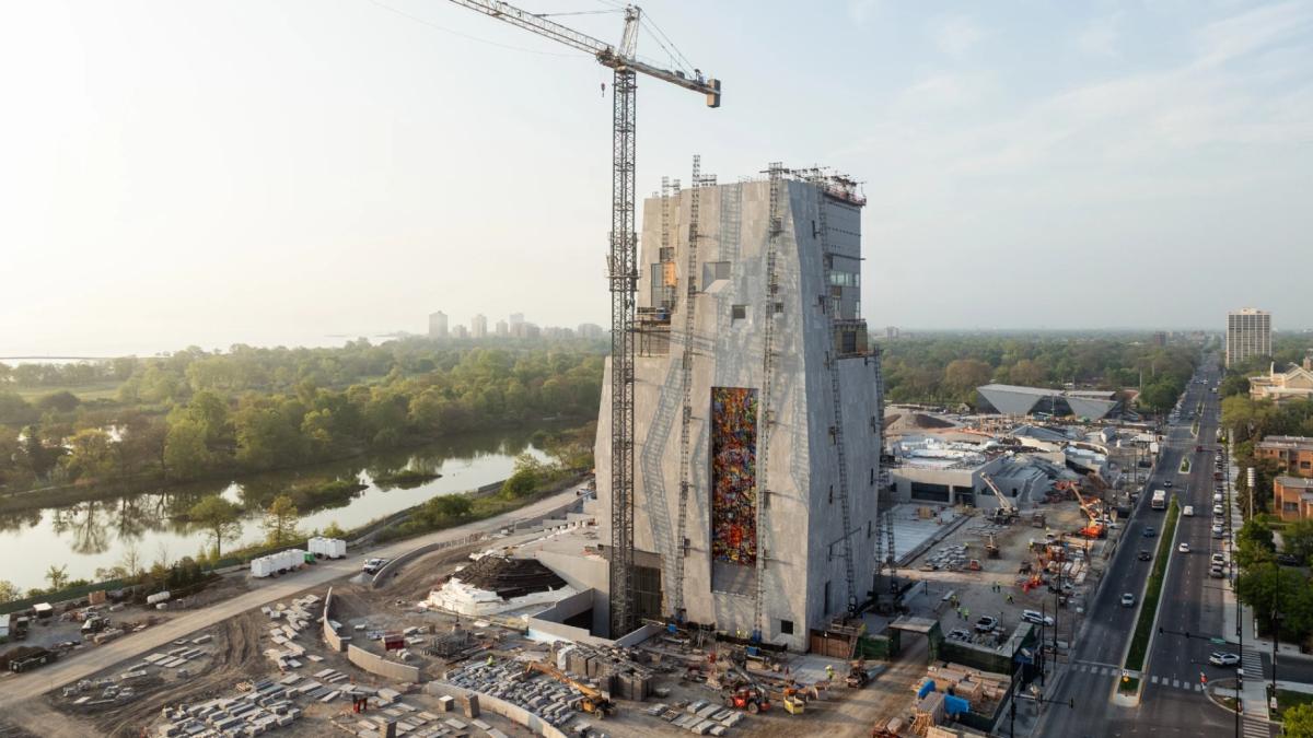 The Obama Presidential Center under construction in 2025. (Courtesy of Angie McMongial / Obama Foundation)