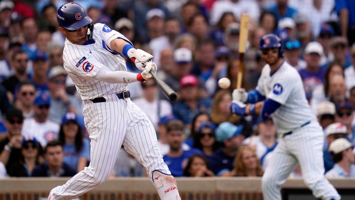 Chicago Cubs' Seiya Suzuki hits a double during the fourth inning of Game 2 of a National League wild card baseball game against the San Diego Padres Wednesday, Oct. 1, 2025, in Chicago. (AP Photo / Erin Hooley)