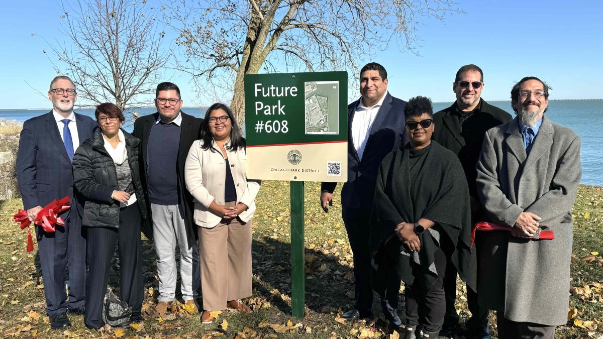 Officials and environmentalists gathered to unveil the future Park #608 on Nov. 12, 2025. (Patty Wetli / WTTW News)
