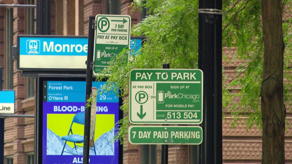Chicago parking meter signs are pictured on Sept. 28, 2026. (WTTW News)