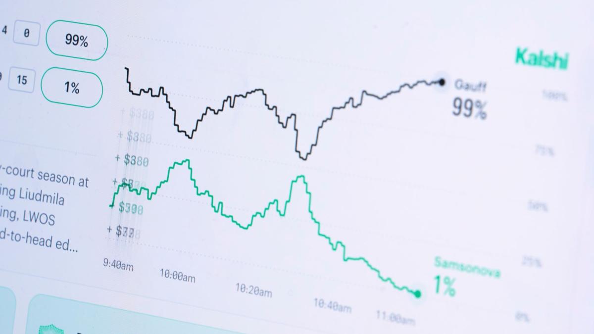 A laptop displays trades on the Kalshi website on Thursday, April 16, 2026, in Portland, Ore. (AP Photo/Jenny Kane)