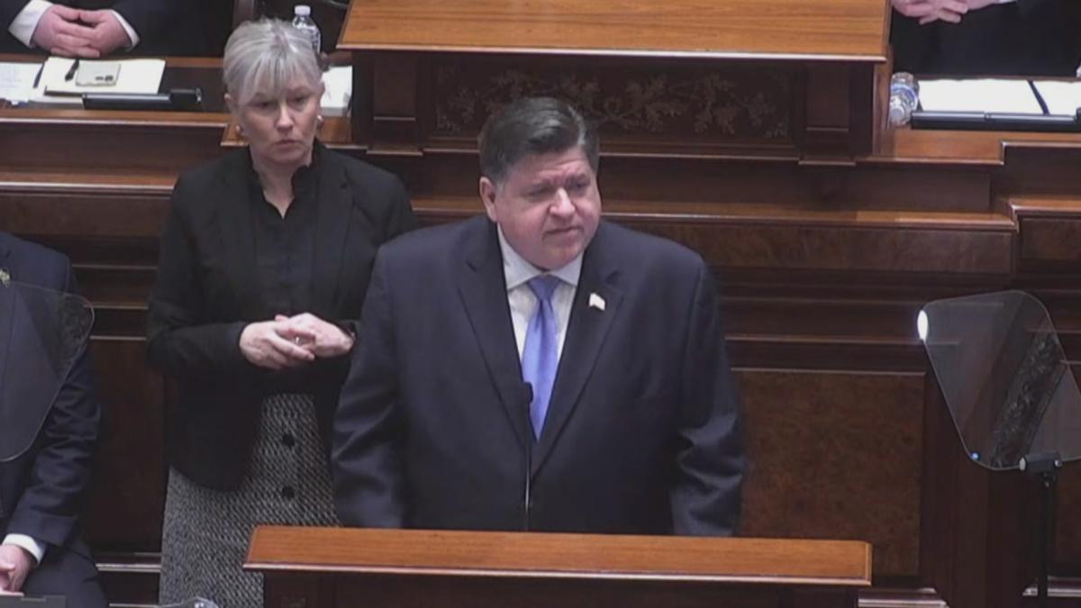Gov. J.B. Pritzker gives his state budget address on Feb. 19, 2025. (WTTW News)