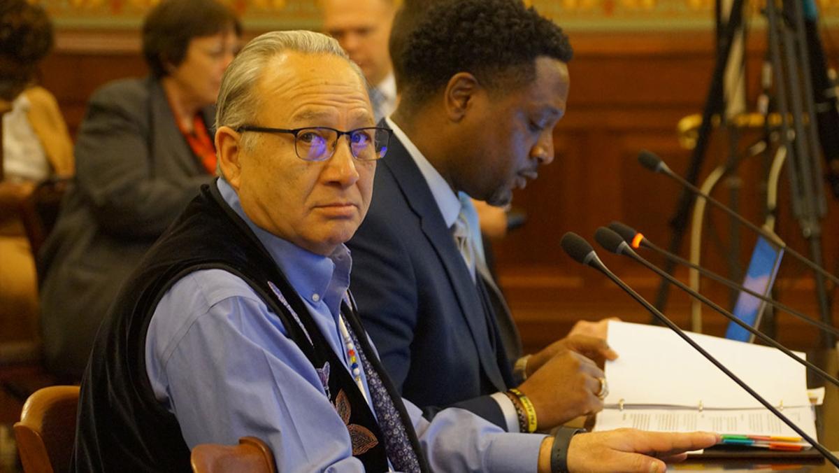 Joseph “Zeke” Rupnick, chairman of the Prairie Band Potawatomi Nation, testifies before an Illinois House committee on March 12, 2025. (Peter Hancock / Capitol News Illinois)