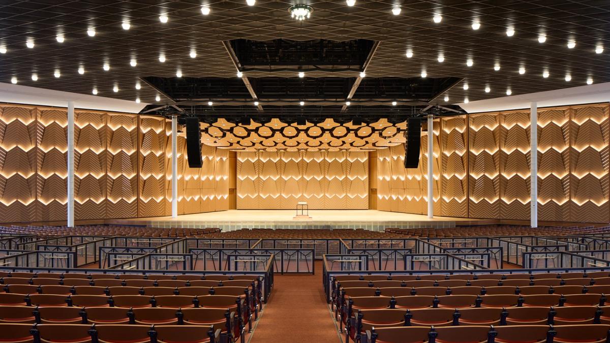 This image released by Ravinia shows the interior of the renovated Hunter Pavilion in Highland Park, Ill., on July 1, 2026. (Dave Burk/Ravinia via AP)