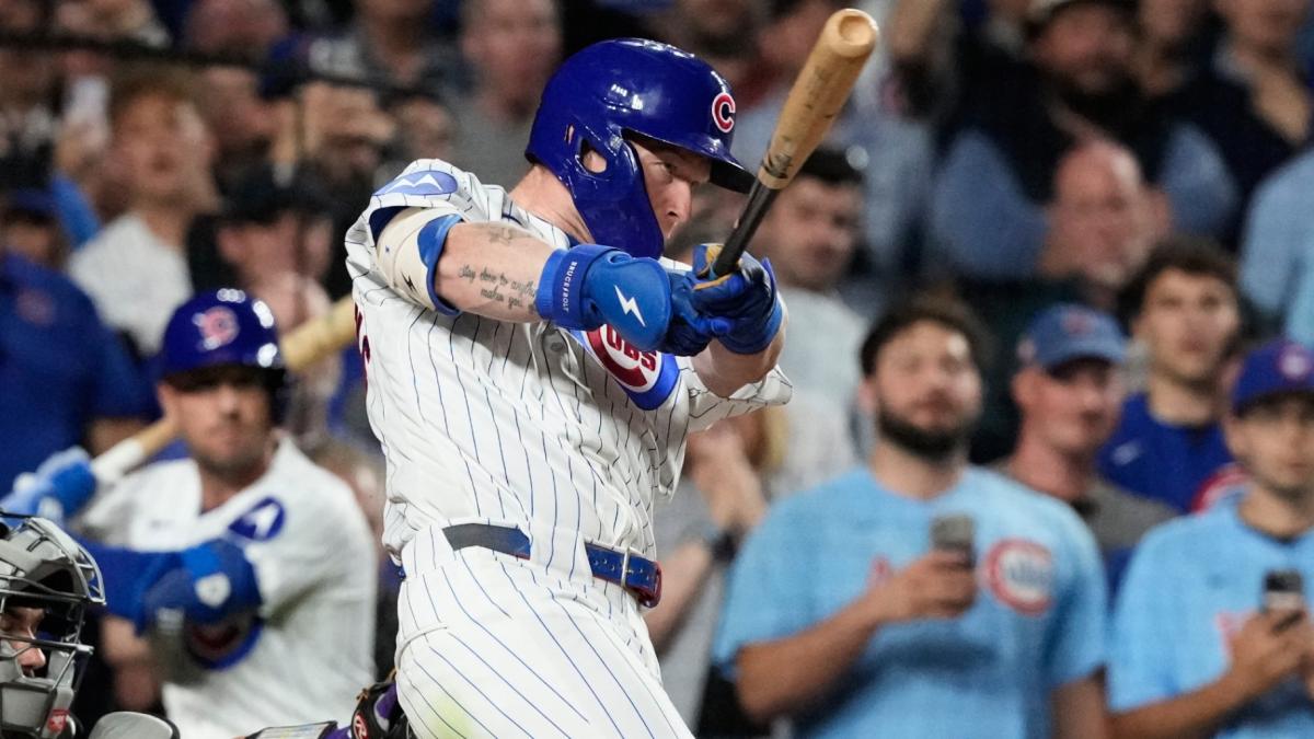 Chicago Cubs' Pete Crow-Armstrong hits a single to complete the cycle during the seventh inning of a baseball game against the Colorado Rockies in Chicago, Monday, June 15, 2026. (AP Photo / Nam Y. Huh)