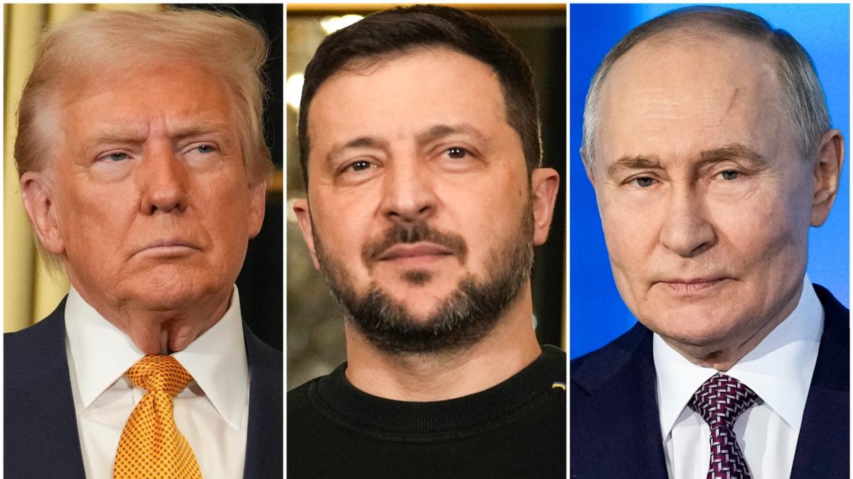 In this combination of file photos, President Donald Trump, left, and Ukraine's President Volodymyr Zelenskyy, center, are seen at the Elysee Palace, Dec. 7, 2024 in Paris, and President Vladimir Putin, right, addresses a Technology Forum in Moscow, Russia, Feb. 21, 2025. (AP Photo / Aurelien Morissard, left and center, Pavel Bednyakov, right)