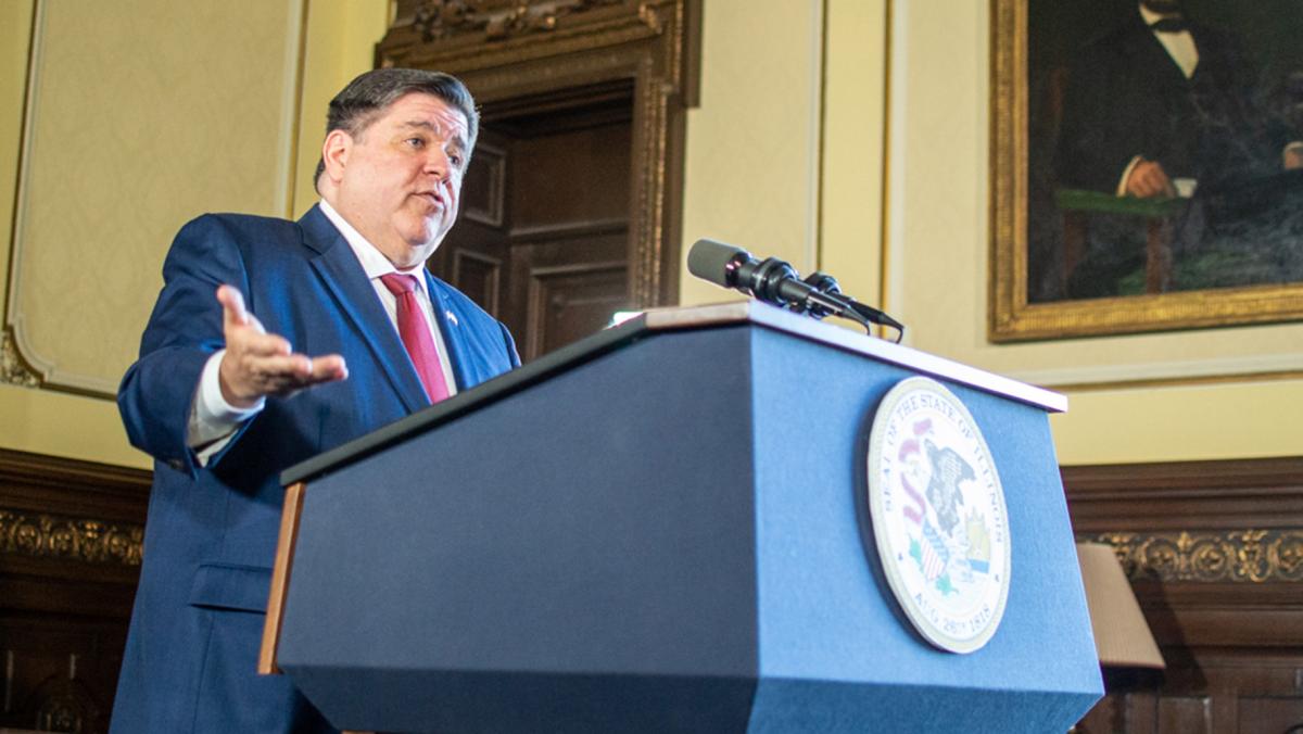 Gov. J.B. Pritzker takes questions from reporters on Wednesday, Jan. 8, 2025, at the Illinois Capitol. (Jerry Nowicki / Capitol News Illinois)