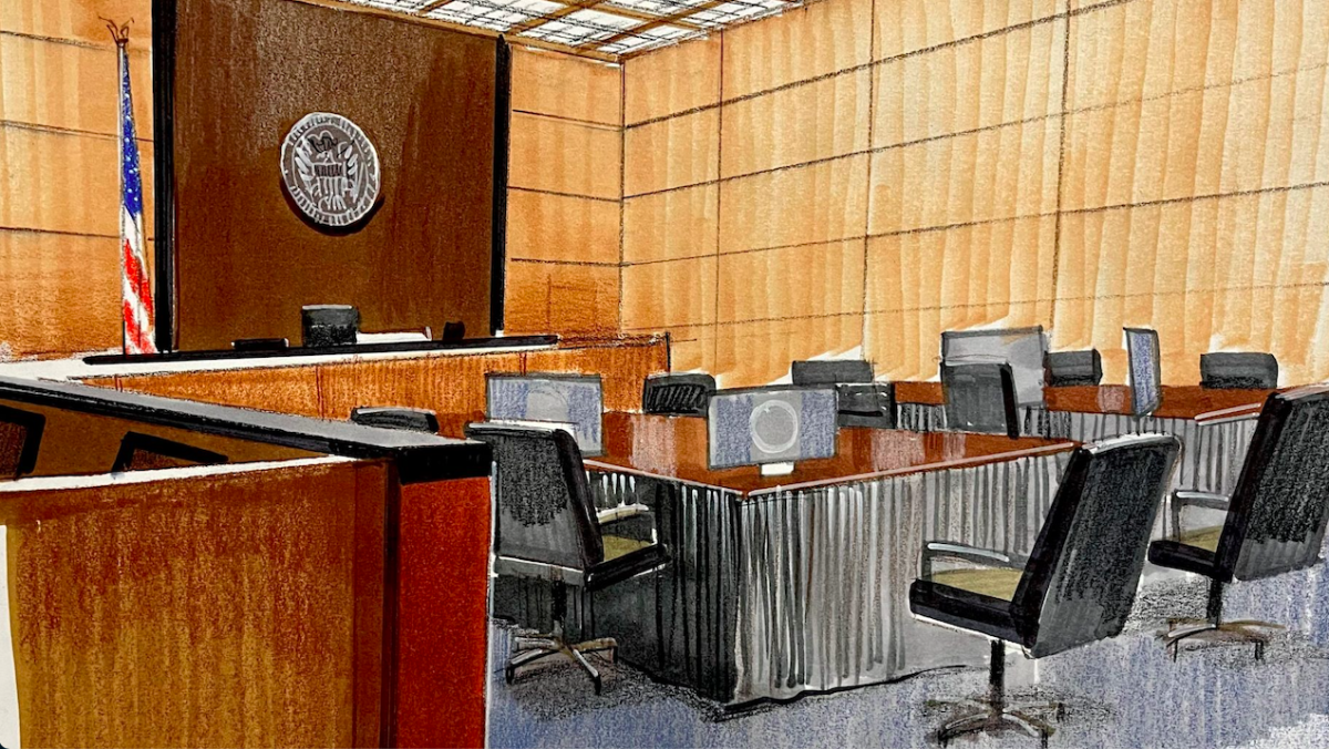An empty courtroom on the 12th floor of the Dirksen Federal Building, where jurors will return their verdict in the trial of ex-House Speaker Michael Madigan. (Illustration by Cheryl Cook)