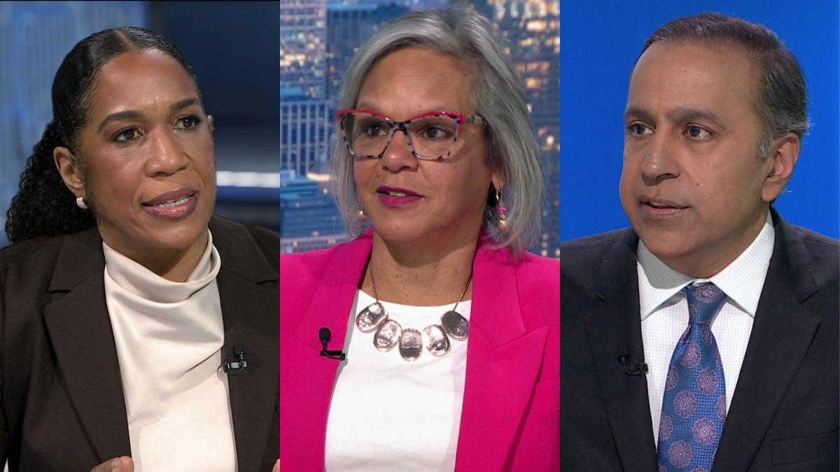 From left: Lt. Gov. Juliana Stratton, U.S. Rep. Robin Kelly and U.S. Rep. Raja Krishnamoorthi speak during a “Chicago Tonight” U.S. Senate candidate forum on March 9, 2026. (WTTW News)