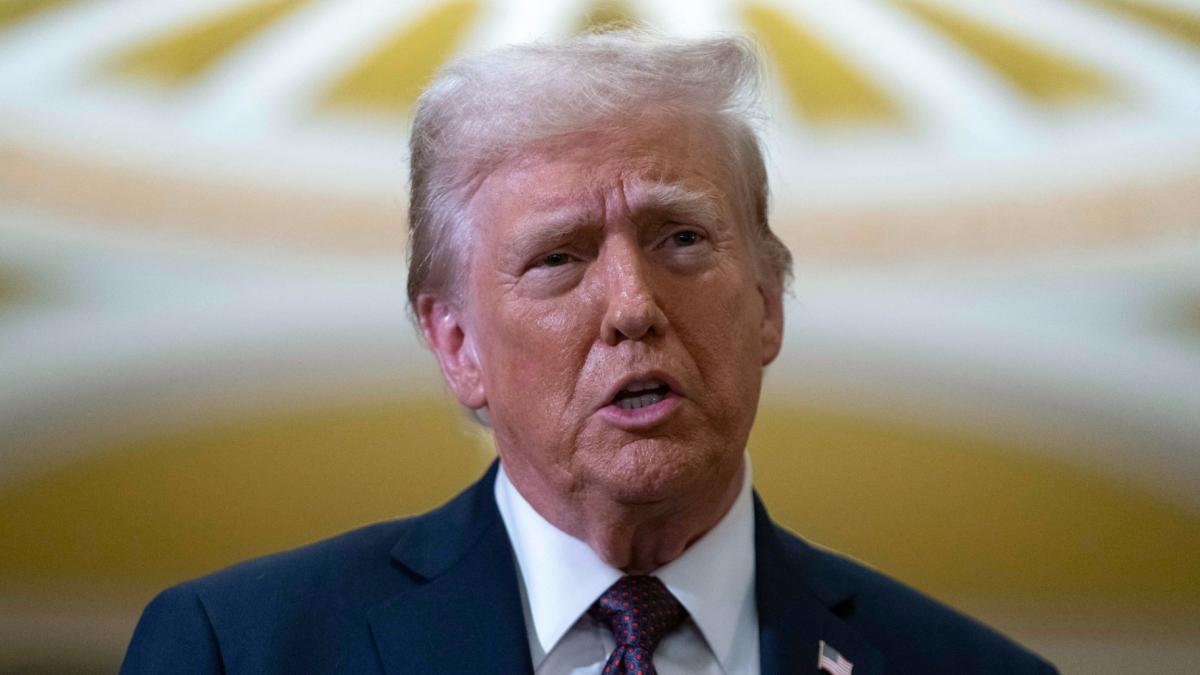 President-elect Donald Trump talks to reporters after a meeting with Republican leadership at the Capitol on Wednesday, Jan. 8, 2025, in Washington. (Jose Luis Magana / AP Photo)
