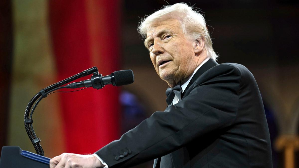 President Donald Trump speaks at the National Republican Congressional Committee (NRCC) dinner at the National Building Museum in Washington, Tuesday, April 8, 2025. (Pool via AP)