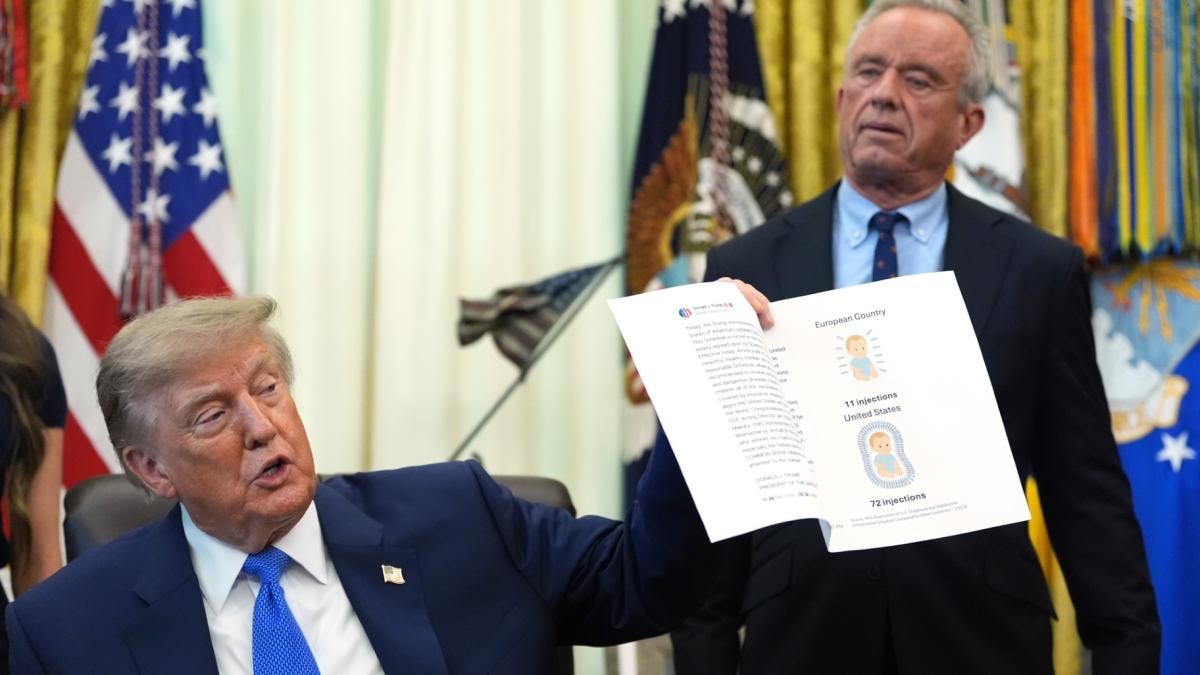 President Donald Trump holds up an image taken from his Truth Social account as Health and Human Services Secretary Robert F. Kennedy Jr. watches during a meeting to sign an executive order about vaccines, Monday, Aug. 10, 2026, in the Oval Office of the White House in Washington. (AP Photo / Jacquelyn Martin)