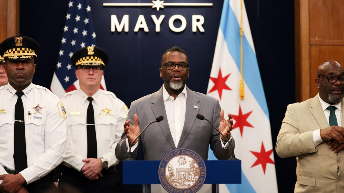 Chicago Mayor Brandon Johnson answers questions during a news conference at City Hall, Jan. 28, 2025, where he talked about the order from President Donald Trump's administration to freeze federal funding. (Eileen T. Meslar / Chicago Tribune via AP, File)