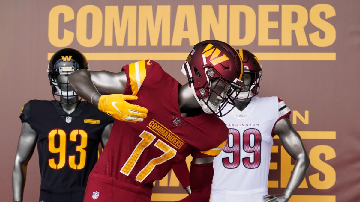 Washington Commanders jerseys are displayed at an event to unveil the NFL football team's new identity, Feb. 2, 2022, in Landover, Md. (AP Photo / Patrick Semansky, file)