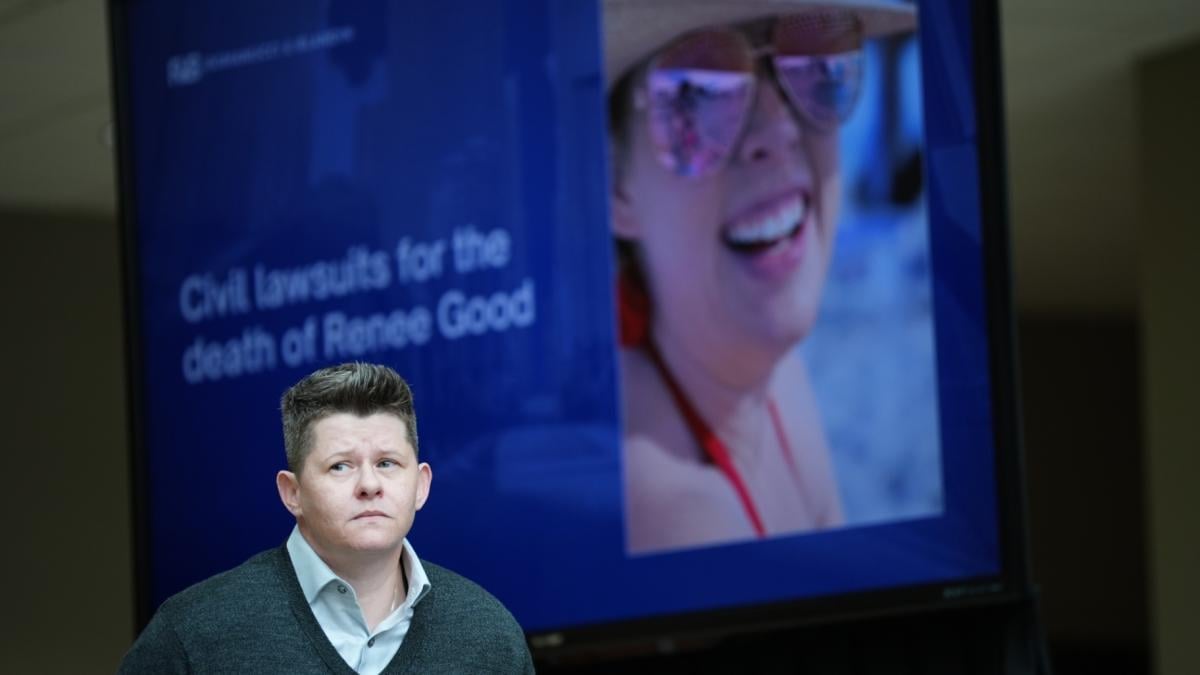 Becca Good, Renee Good's partner, arrives for a news conference after Good's family sued the U.S. government and several immigration officials, Thursday, Oct. 1, 2026, in Minneapolis. (AP Photo / Ellen Schmidt)