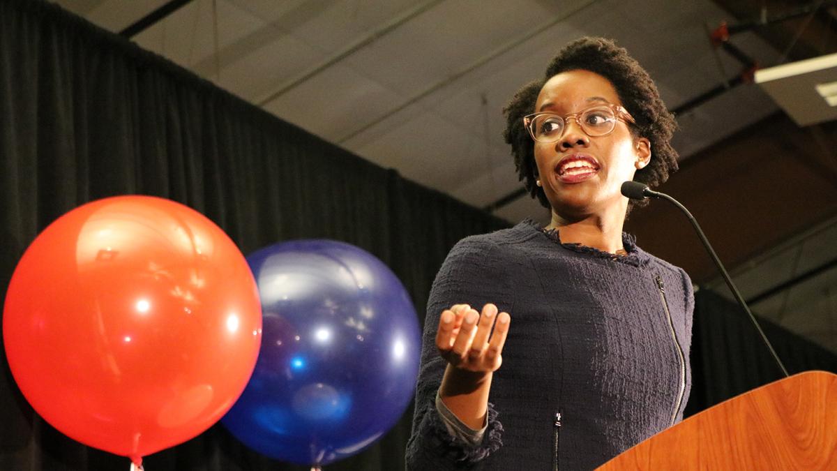 Lauren Underwood gives her victory speech on Nov. 6, 2018, after winning the election for Illinois’ 14th Congressional District.  (Evan Garcia / WTTW News)