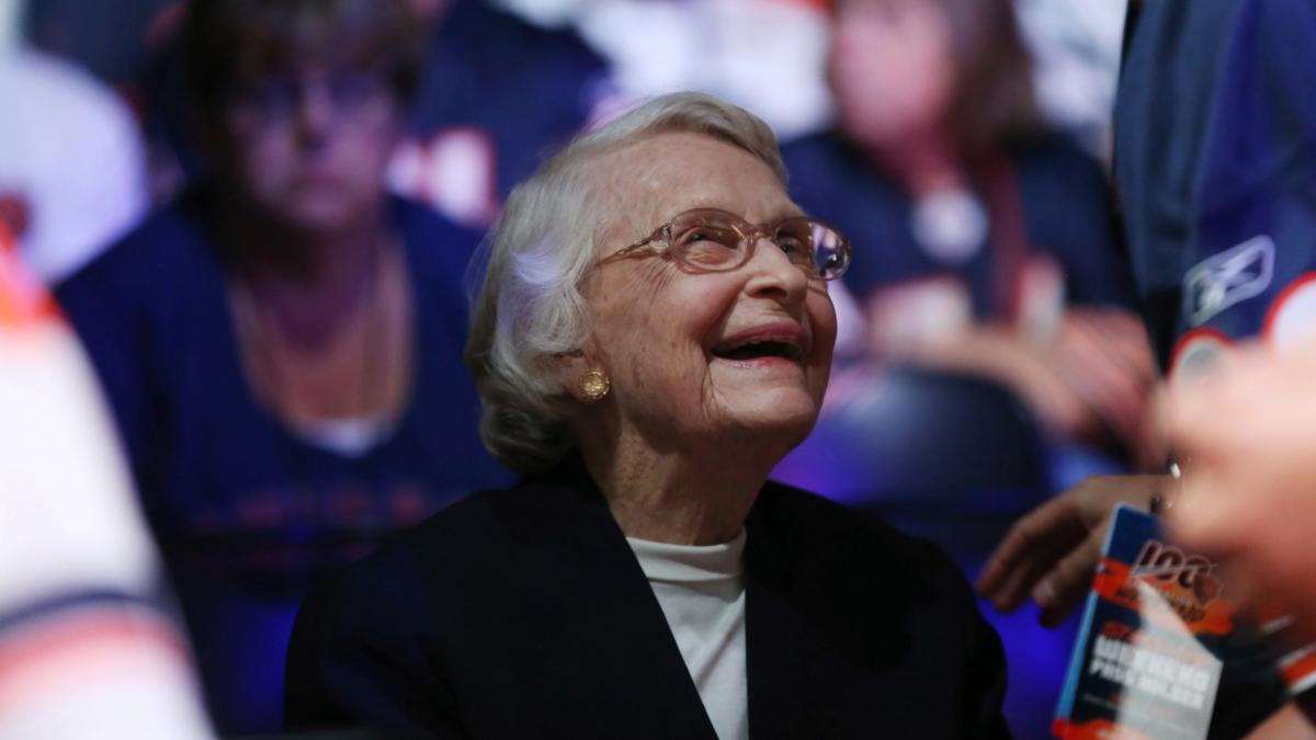 FILE - Chicago Bears owner Virginia McCaskey smiles while talking with a fan during the Bears100 Celebration at the Donald E. Stephens Convention Center Saturday, June 8, 2019, in Rosemont, Ill. (John J. Kim / Chicago Tribune via AP)