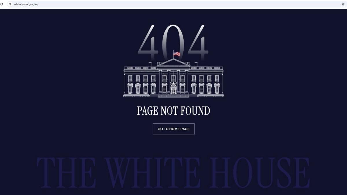 This screenshot captured on Jan. 21, 2025, shows the error message that now appears on what was the Spanish language version of the White House homepage during President Joe Biden's administration. (AP Photo / Fernanda Figueroa)