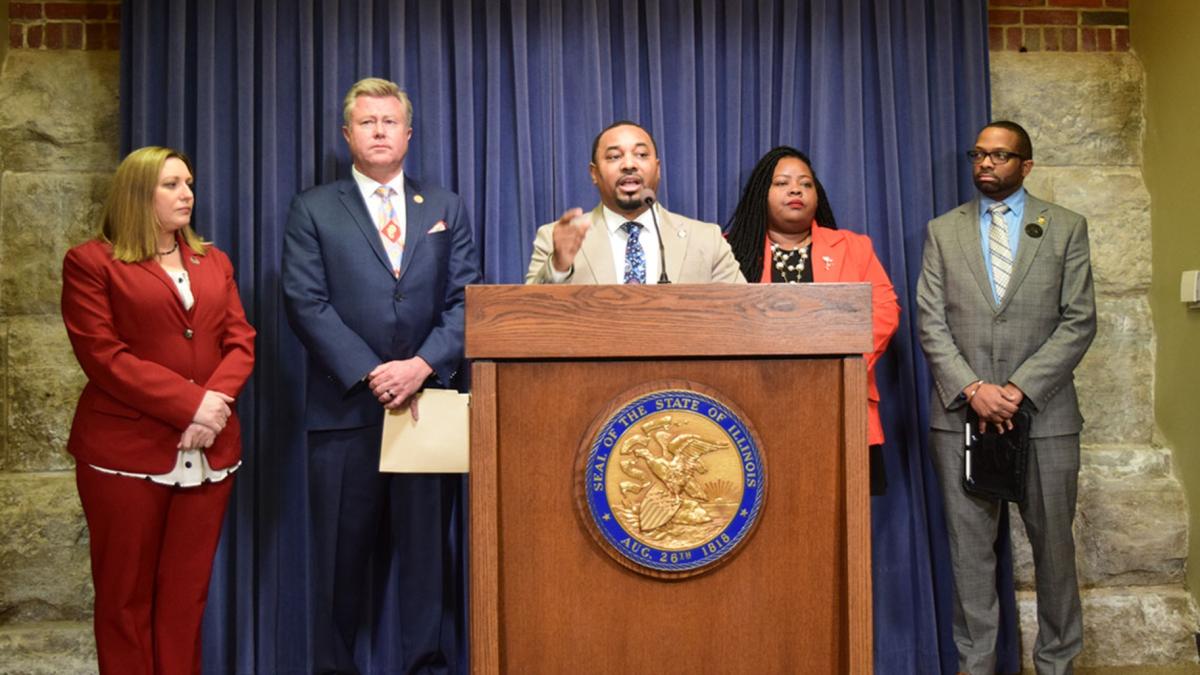 Democratic state Sen. Willie Preston, center, speaks at a Statehouse news conference Wednesday, Feb. 5, 2025, about his bill to ban certain additives from foods sold in Illinois. Joining him were, from left: state Sens. Rachel Ventura; Seth Lewis; Lakesia Collins; and state Rep. Michael Crawford. (Jade Aubrey / Capitol News Illinois)