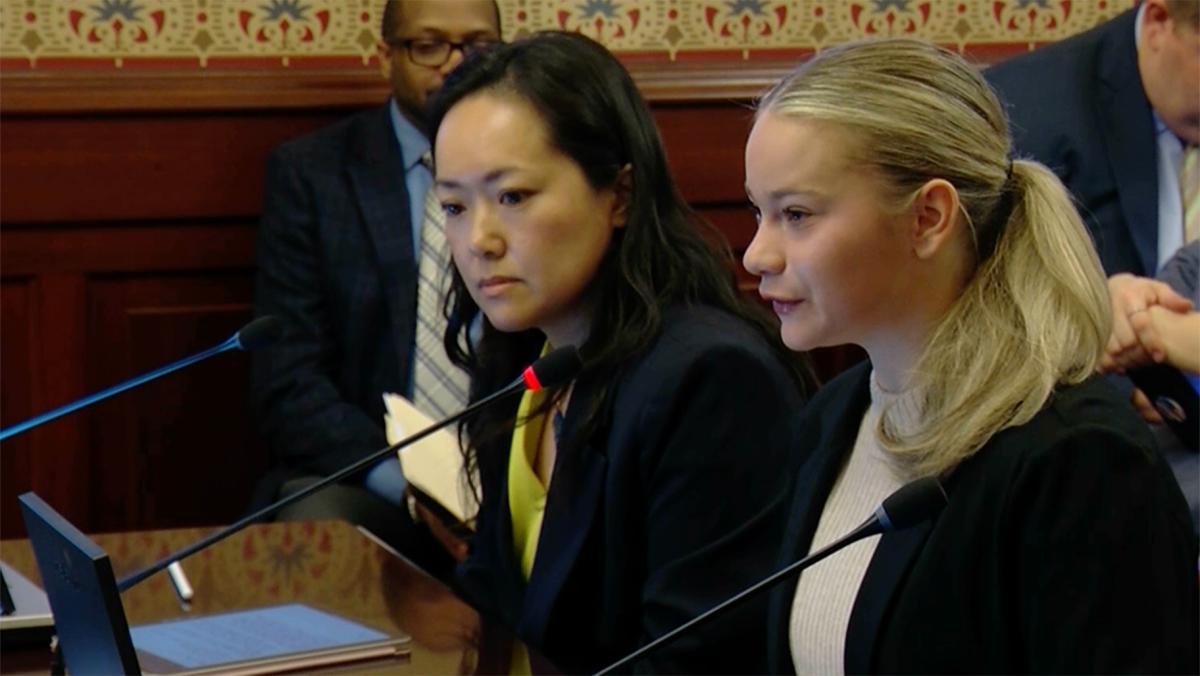 State Rep. Janet Yang-Rohr, left, and Carmel Catholic High School student Libby Magnone testify before a House committee on legislation that would let high school student athletes compete on both school-sponsored and non-school teams in the same sport during the same season. (Peter Hancock / Capitol News Illinois)