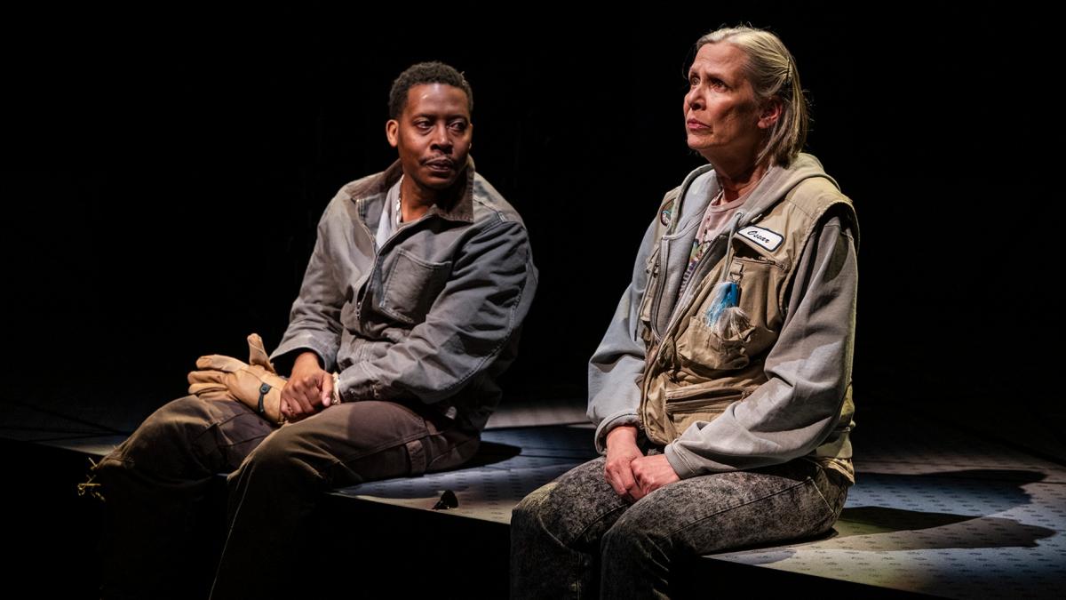 (left to right) Ensemble members Namir Smallwood and Amy Morton in Steppenwolf Theatre’s Chicago premiere of “You Will Get Sick.” (Michael Brosilow)